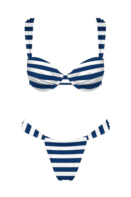 Blue and white striped bikini set on a white background