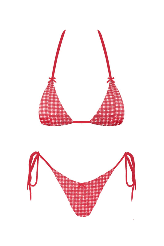 Red and white checkered gingham bikini set on a white background