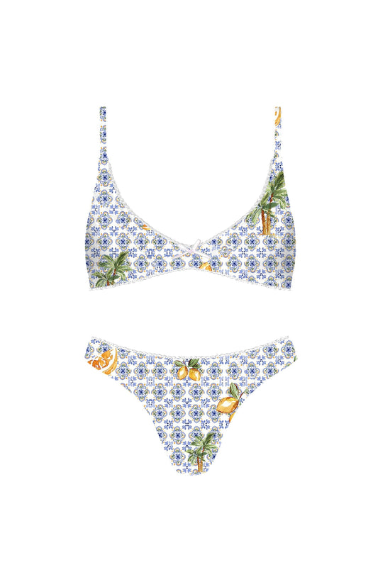 Floral lemon print bikini set on a white background