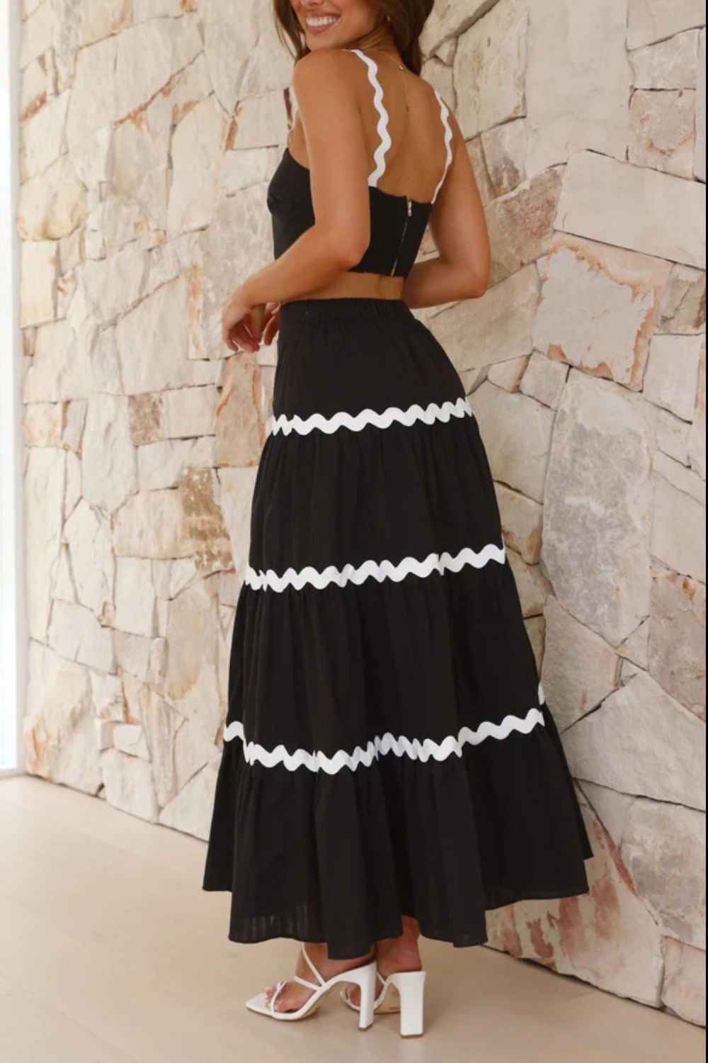 Becoming June - Cami and Maxi Skirt Set - Black and White