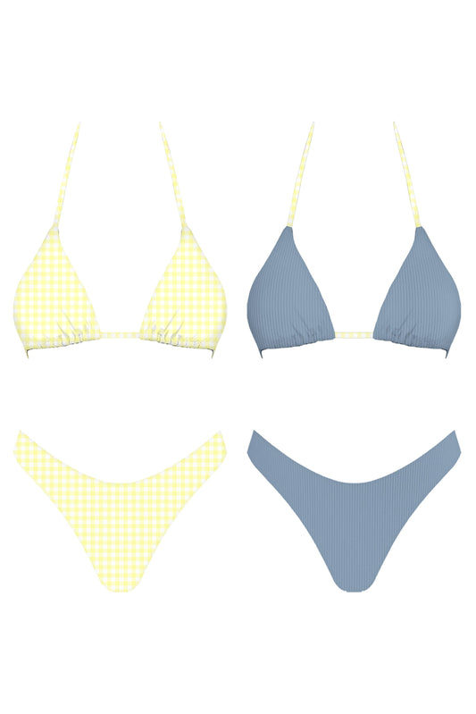 Reversible bikini set, one side yellow and one side blue, on a white background.