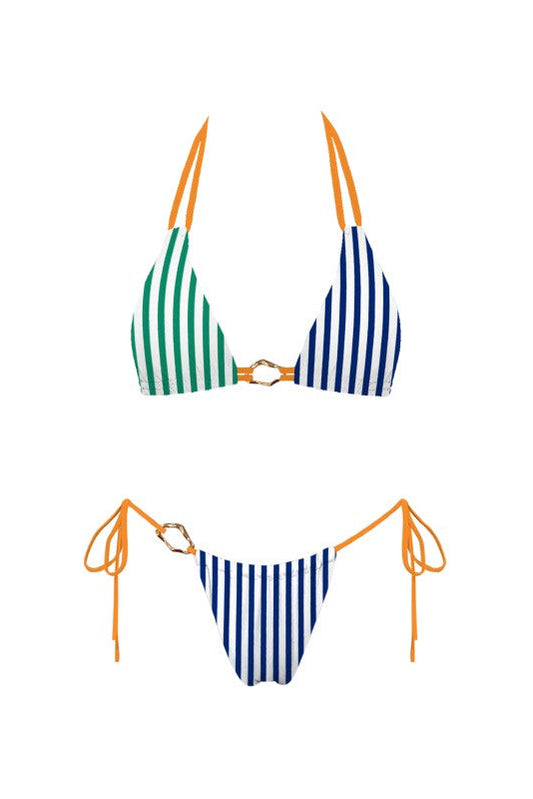 Two-piece bikini set with vertical stripes, featuring a triangle top with green and navy stripes, orange shoulder straps, and a central gold ring detail, paired with matching low-rise string bottoms in navy and white stripes with orange ties and a gold ring.
