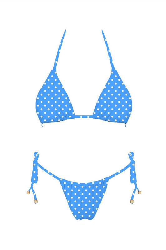 Blue polka dot bikini set on a white background