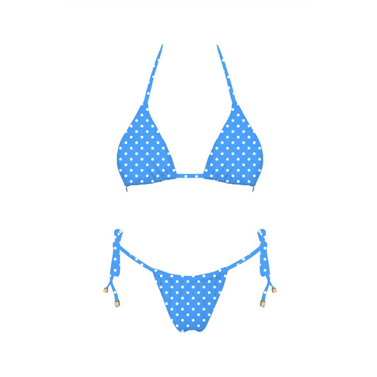 Blue polka dot bikini set on a white background