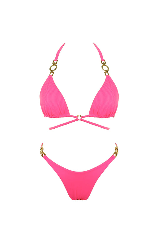 Hot pink bikini set with gold accents on a white background