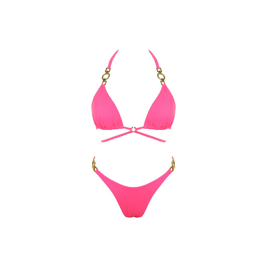 Hot pink bikini set with gold accents on a white background