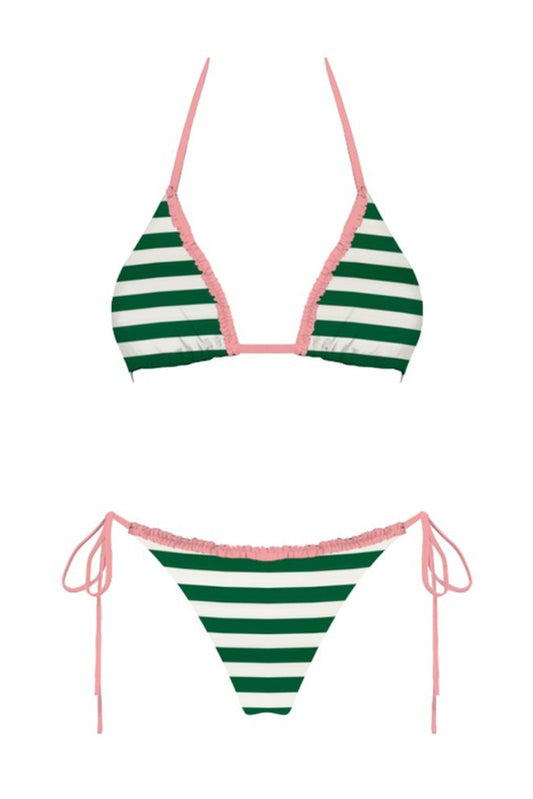 Green and white striped bikini with pink accents on a white background