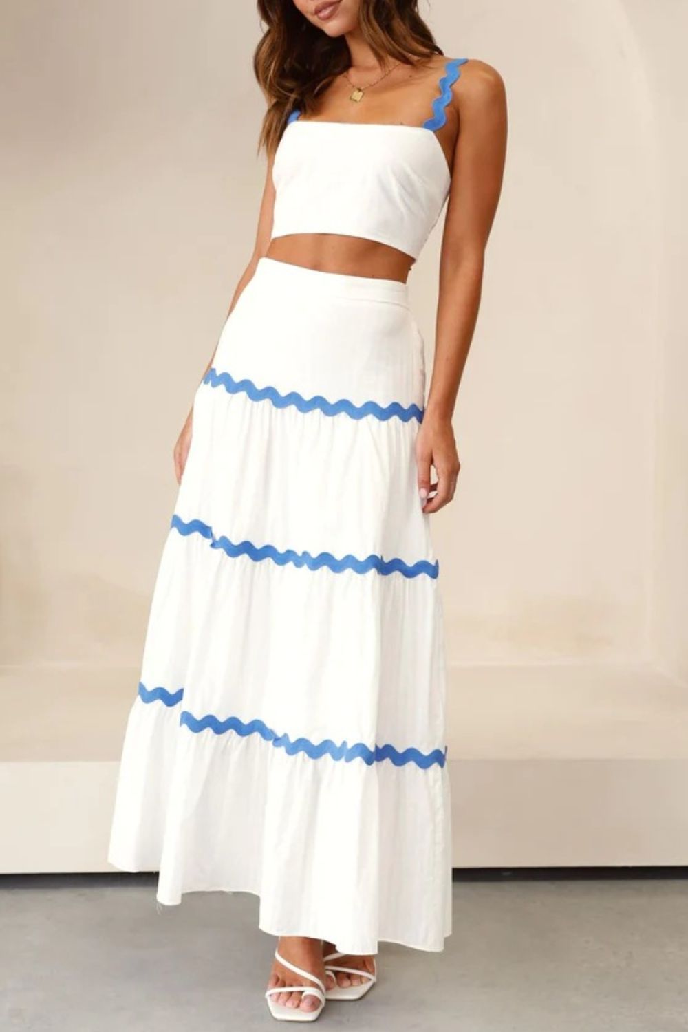 Becoming June - Cami and Maxi Skirt Set - White with Blue Stripes