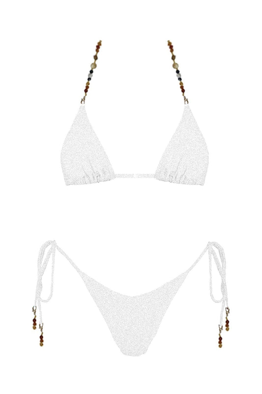 White bikini set with beaded straps on a white background