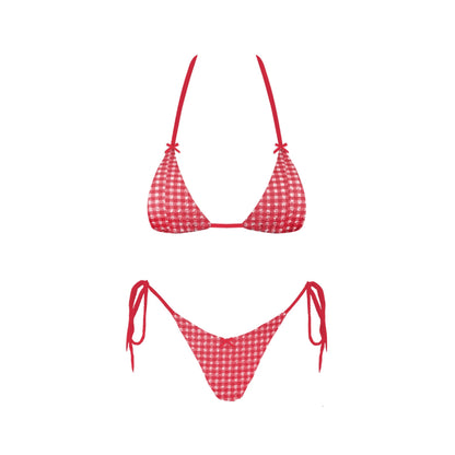 Red and white checkered gingham bikini set on a white background