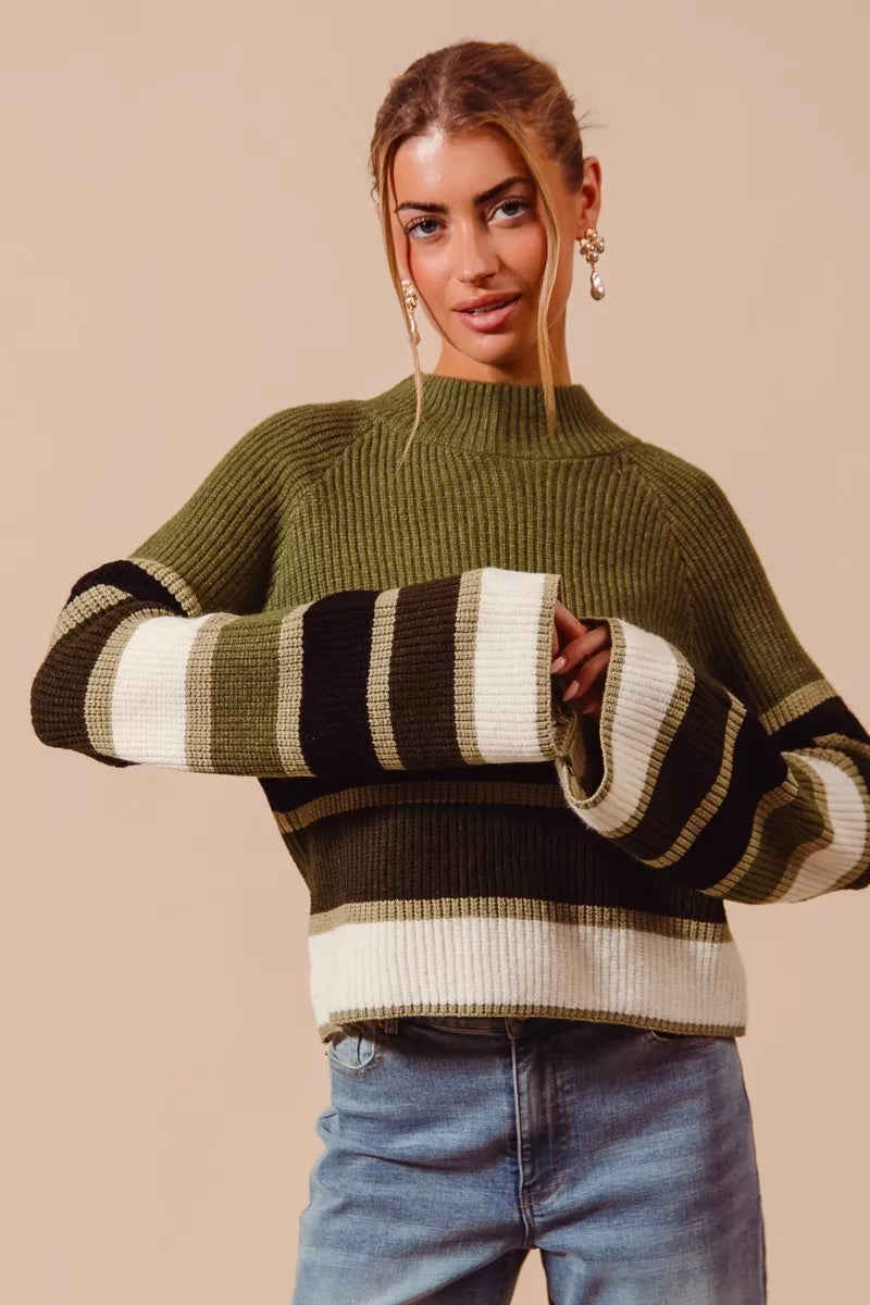 SO ME - Striped Mock Neck Sweater - Olive
