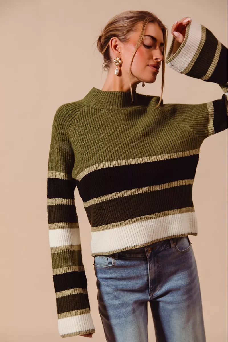 SO ME - Striped Mock Neck Sweater - Olive