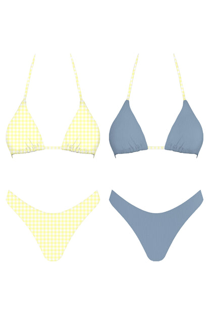 Reversible bikini set, one side yellow and one side blue, on a white background.