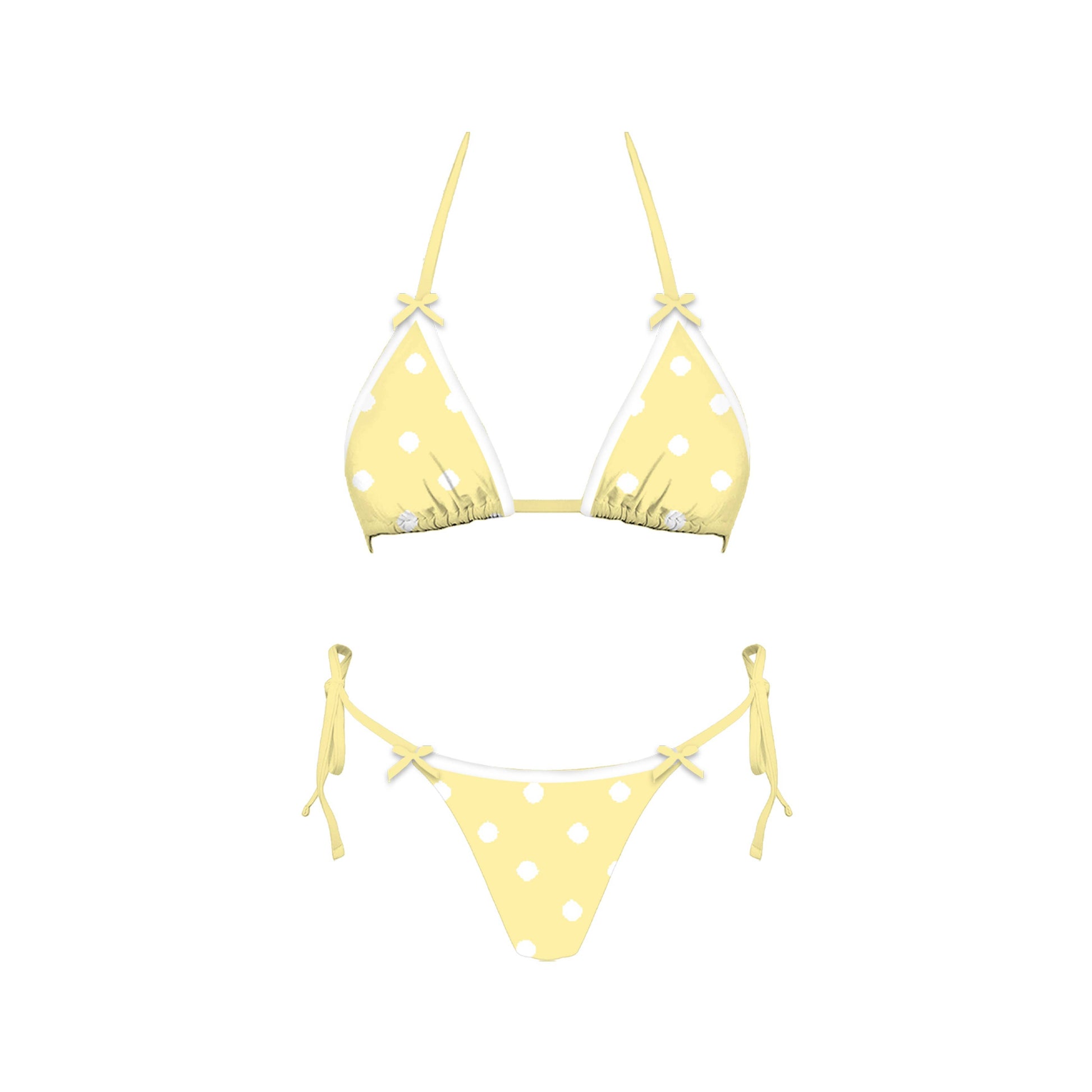 Yellow polka dot bikini set on a white background