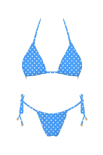 Blue polka dot bikini set on a white background