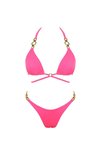 Hot pink bikini set with gold accents on a white background