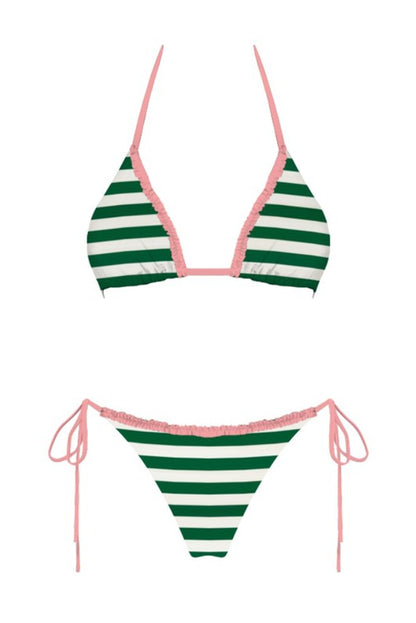Green and white striped bikini with pink accents on a white background