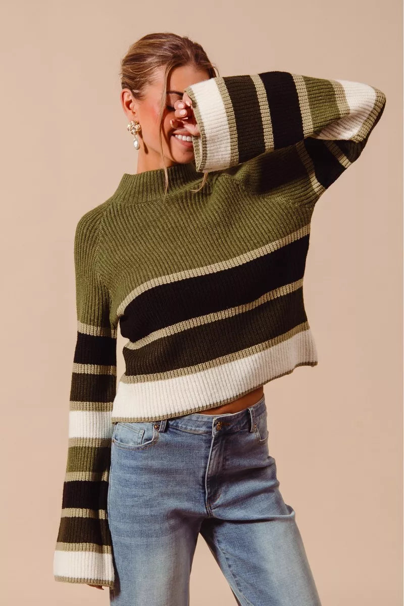 SO ME - Striped Mock Neck Sweater - Olive