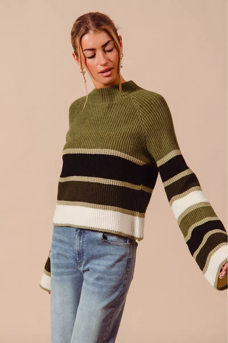 SO ME - Striped Mock Neck Sweater - Olive