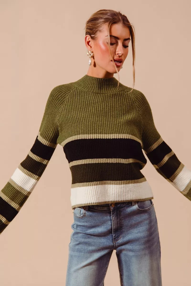 SO ME - Striped Mock Neck Sweater - Olive
