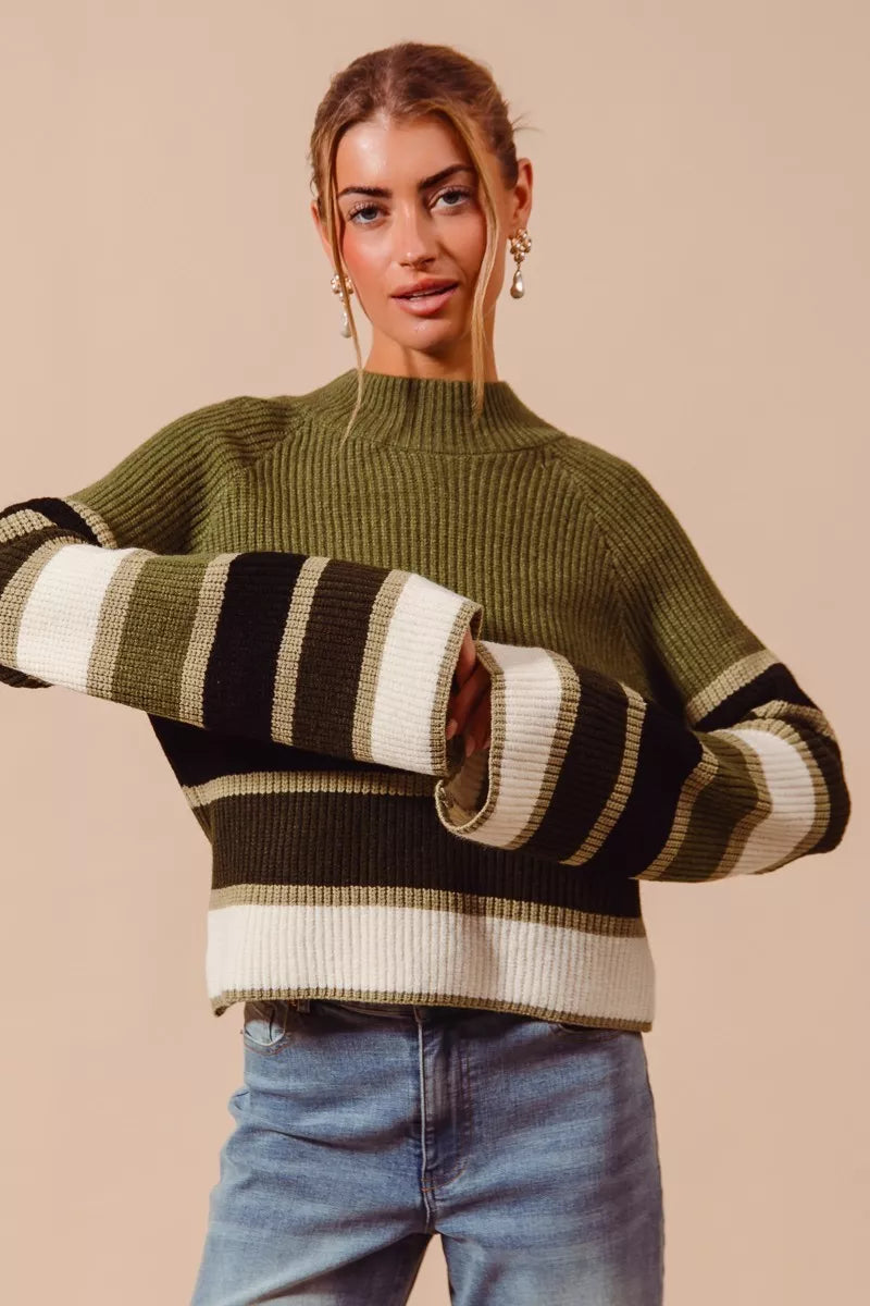 SO ME - Striped Mock Neck Sweater - Olive